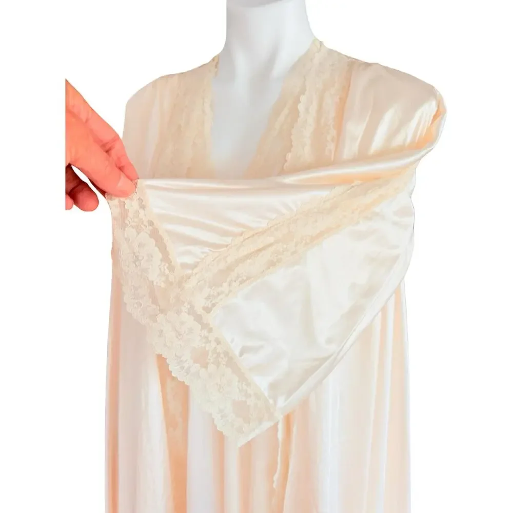 Vintage Val Mode Cream Nylon Peignoir Set Lace Nightgown & Robe Medium 1970s - Picture 5 of 12